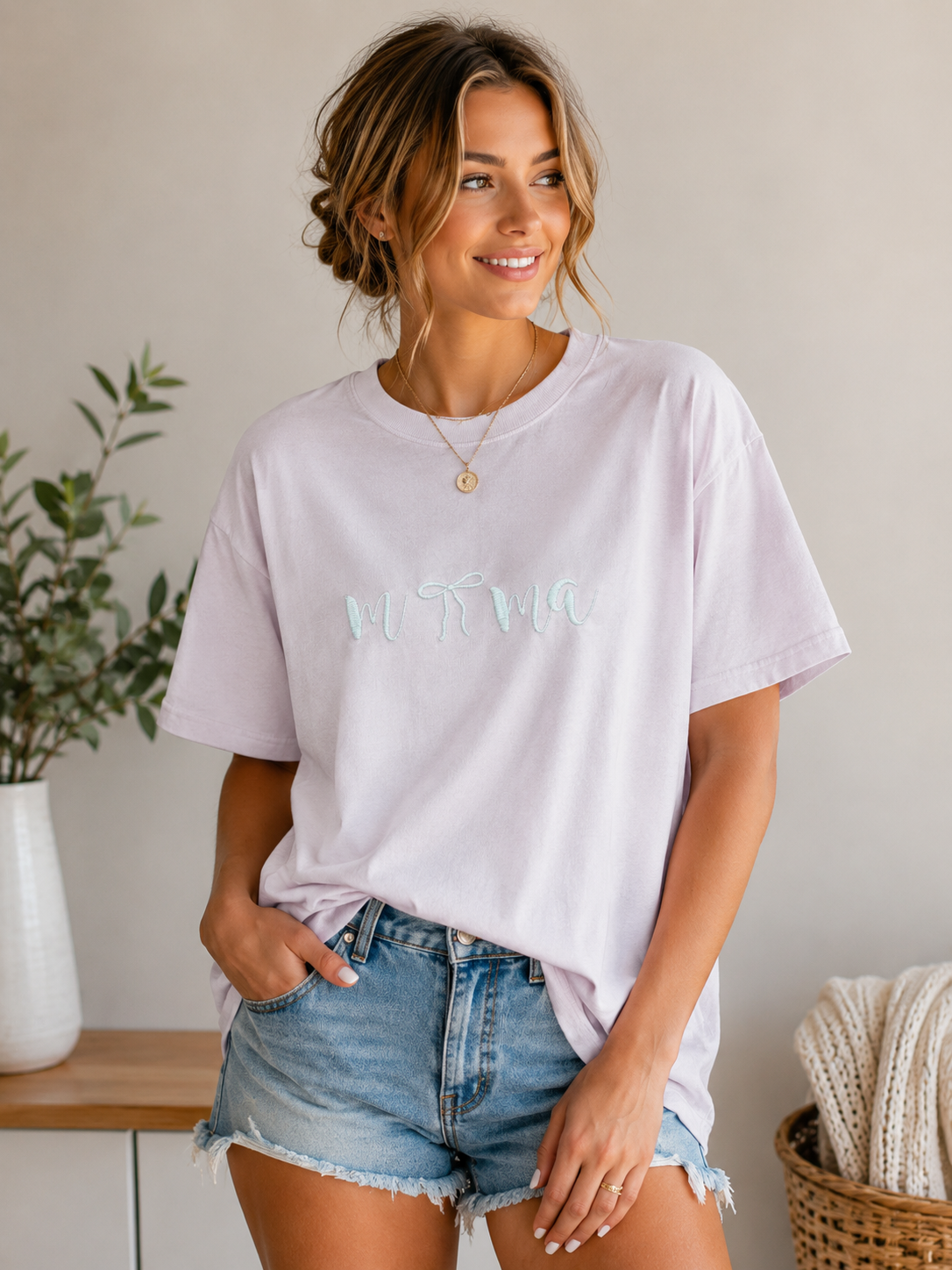 Light Blue and Light Pink Mama Bow T-Shirt